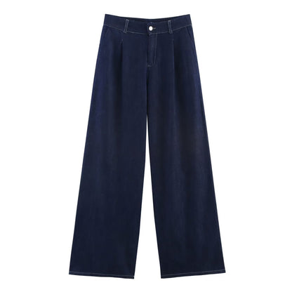 Summer Casual Women Collared Wide Sleeve Loose Denim Shirt Top High Waist Wide Leg Set