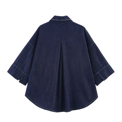 Summer Casual Women Collared Wide Sleeve Loose Denim Shirt Top High Waist Wide Leg Set