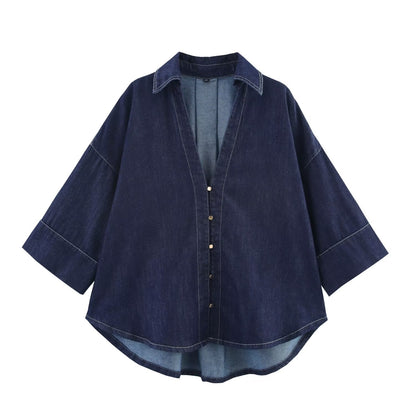 Summer Casual Women Collared Wide Sleeve Loose Denim Shirt Top High Waist Wide Leg Set