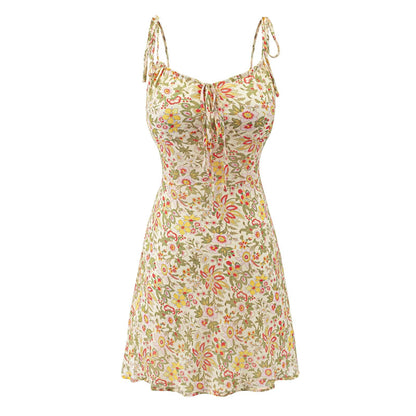 Summer Women Clothing Sweet Spicy Girly Floral Skirt Slim Fit Slimming Spaghetti Straps Dress