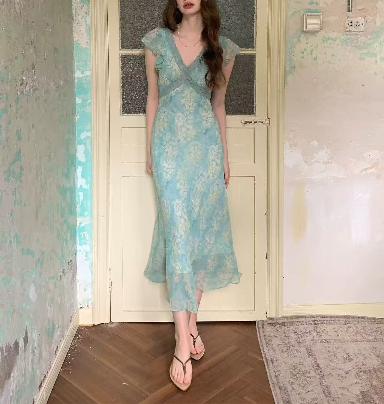 Women Clothing Summer Smoke Purple Ning Dress French Floral Flying Sleeve Dress Women Lace V neck Dress