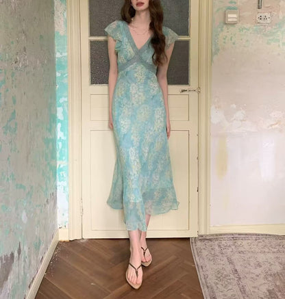 Women Clothing Summer Smoke Purple Ning Dress French Floral Flying Sleeve Dress Women Lace V neck Dress
