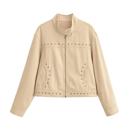 Women Clothing Summer Casual All Matching Rivets Stand Collar Short Jacket