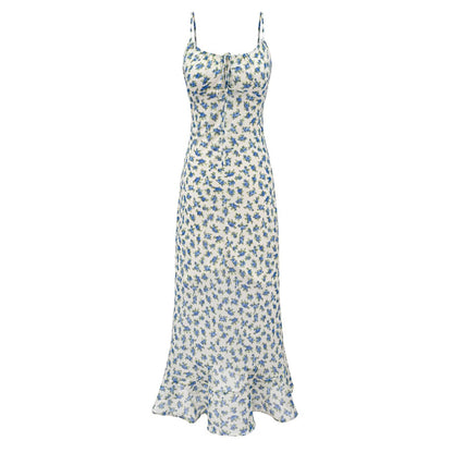 Summer Women Clothing French Romantic Atmosphere Seaside Vacation Printed Maxi Dress Slim Strap Dress