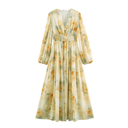 Summer Simple Thin Five Color Printed Chiffon Jumpsuit Long Sleeve Dress