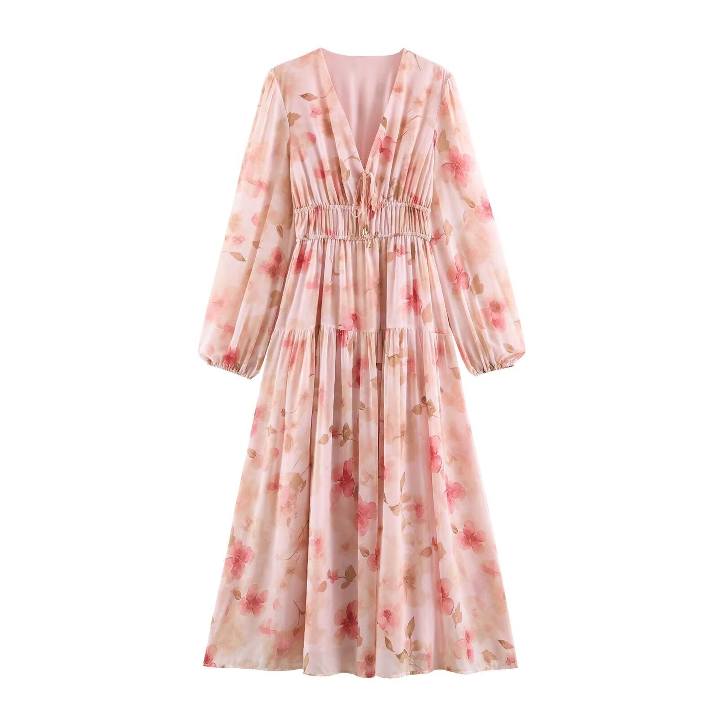 Summer Simple Thin Five Color Printed Chiffon Jumpsuit Long Sleeve Dress