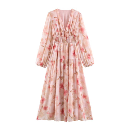 Summer Simple Thin Five Color Printed Chiffon Jumpsuit Long Sleeve Dress