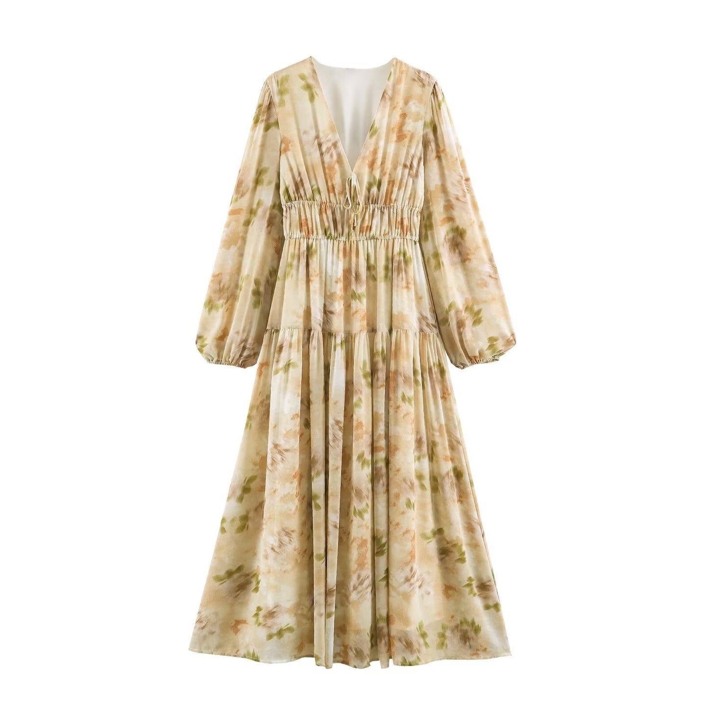 Summer Simple Thin Five Color Printed Chiffon Jumpsuit Long Sleeve Dress