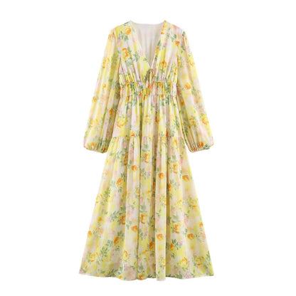 Summer Simple Thin Five Color Printed Chiffon Jumpsuit Long Sleeve Dress