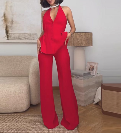 Women V neck Backless Hanging Collar Vest High Waist Straight Leg Pants