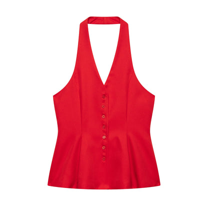 Women V neck Backless Hanging Collar Vest High Waist Straight Leg Pants