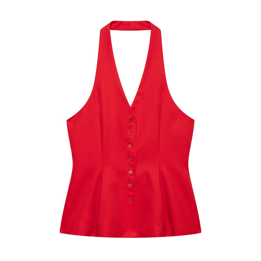 Women V neck Backless Hanging Collar Vest High Waist Straight Leg Pants