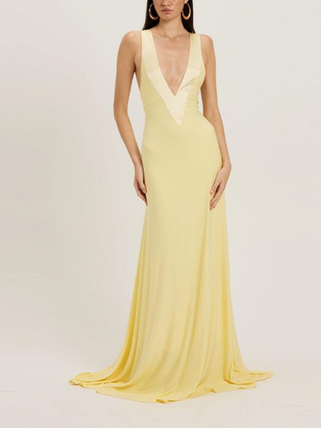 Deep V Plunge neck Sleeveless Dress Tight Waist Slim Fit Maxi Dress