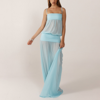 Summer Women Clothing Sexy Stitching See through Strap Solid Color Dress
