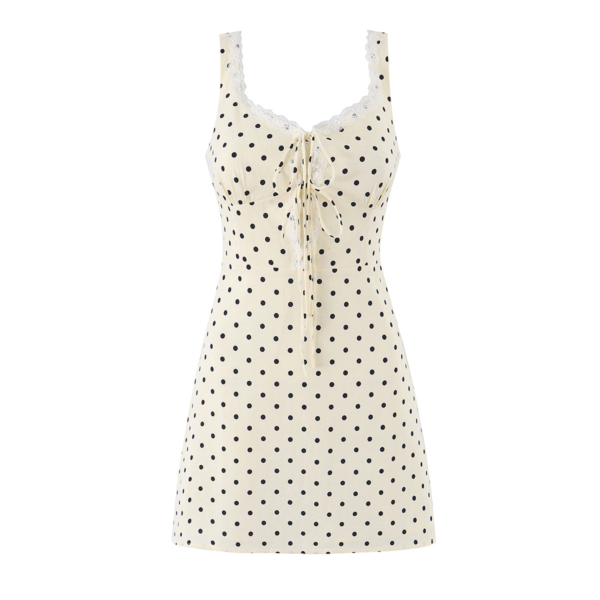 Polka Dot Camisole Women Summer Retro Elegant Lace Stitching Tied Cinched Sleeveless Dress