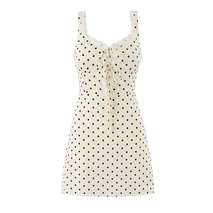 Polka Dot Camisole Women Summer Retro Elegant Lace Stitching Tied Cinched Sleeveless Dress