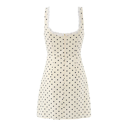 Polka Dot Camisole Women Summer Retro Elegant Lace Stitching Tied Cinched Sleeveless Dress