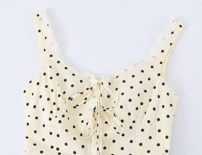 Polka Dot Camisole Women Summer Retro Elegant Lace Stitching Tied Cinched Sleeveless Dress