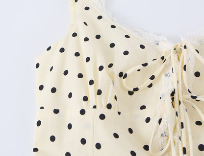 Polka Dot Camisole Women Summer Retro Elegant Lace Stitching Tied Cinched Sleeveless Dress