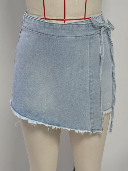 Retro Do the Old Cowboy Short Skirt Side Strap Irregular Asymmetric Raw Hem Culottes