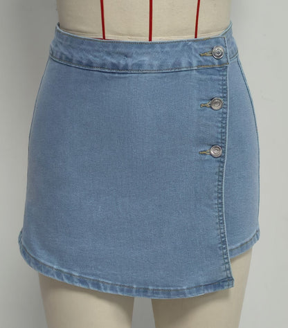 Retro Washed Denim Culotte Front Slit Button Design Anti Exposure Pantskirt Women