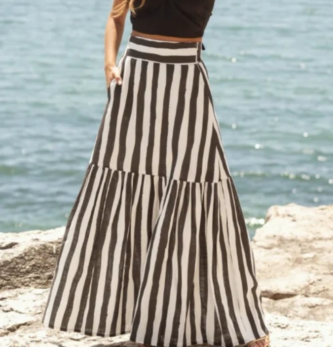 Summer Skirt Striped Printed High Waist Swing Holiday Skirt Women