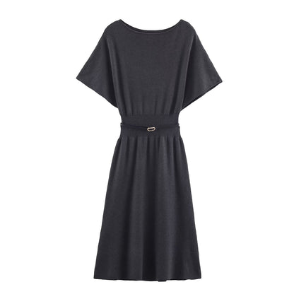 Women Clothing with Belt Knitted Mid Length Dress