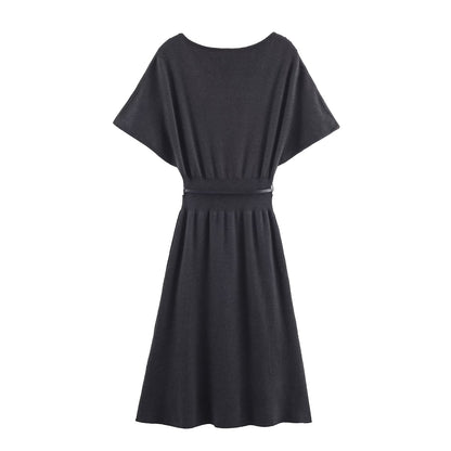 Women Clothing with Belt Knitted Mid Length Dress