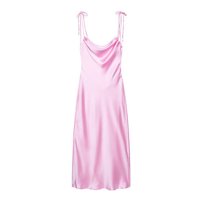 Silk Satin Textured Strap Dress Chic Backless Sleeveless Dress