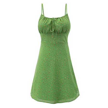Women Summer High End Floral Strap Waist Controlled Lace Up A Line Dress