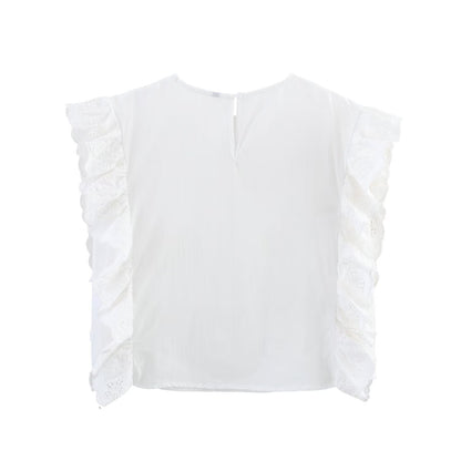 Women Clothing Summer French Ruffled Embroidered Sleeveless Top