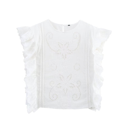 Women Clothing Summer French Ruffled Embroidered Sleeveless Top