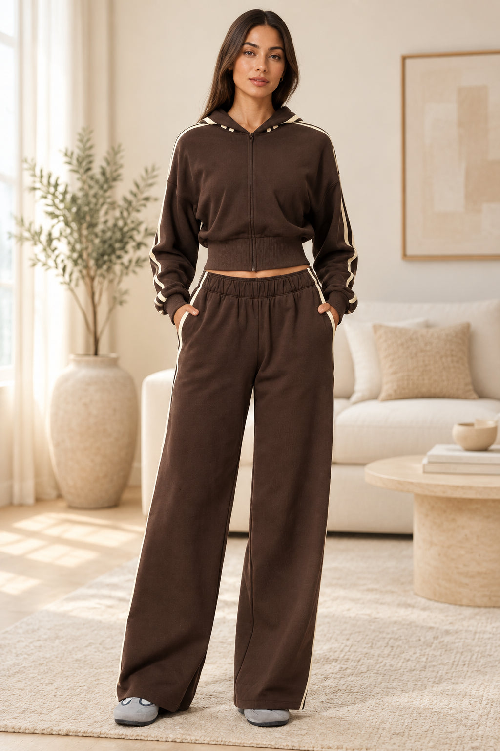 Women's Contrast-Stripe Cropped Zip Hoodie & Wide-Leg Pants Set