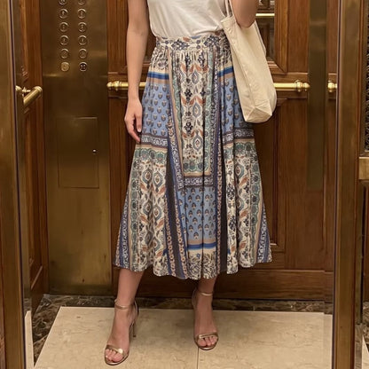Women Clothing Summer Rayon Positioning Printing Elastic Waist Bohemian Big Hem Skirt