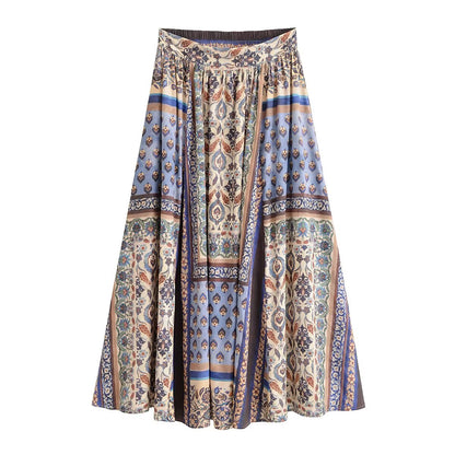 Women Clothing Summer Rayon Positioning Printing Elastic Waist Bohemian Big Hem Skirt