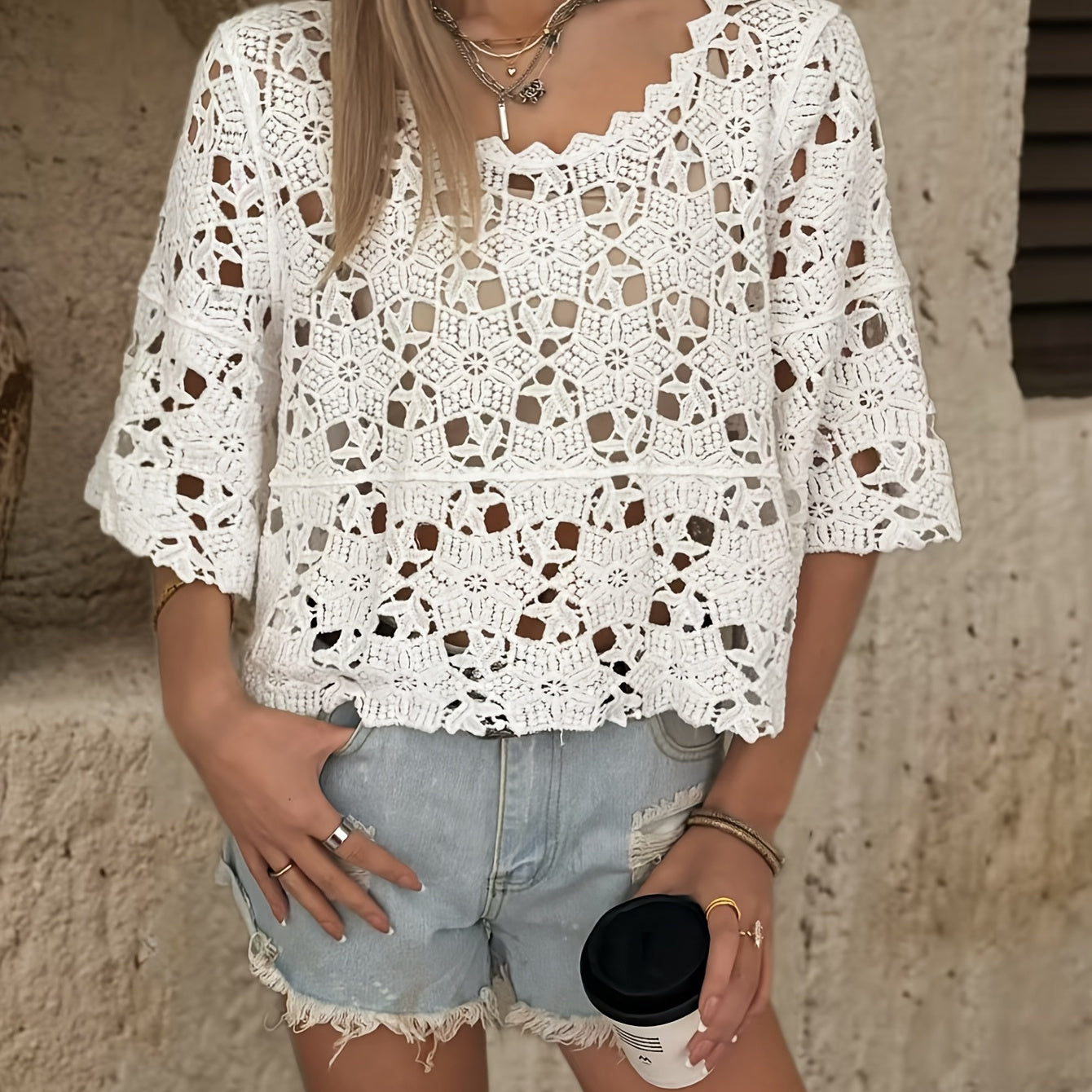 Women Solid Color Openwork Hook Patterned Round Neck Long Sleeved Knitted Sweater In Short Style