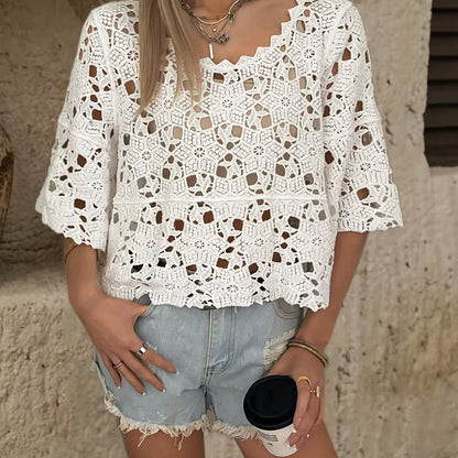 Women Solid Color Openwork Hook Patterned Round Neck Long Sleeved Knitted Sweater In Short Style
