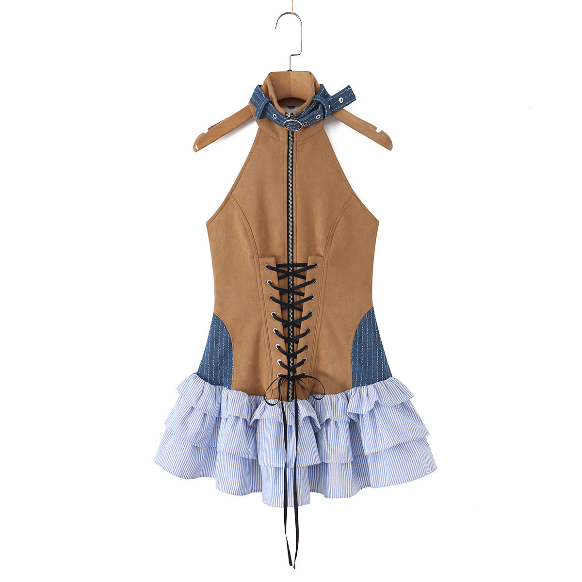 Retro Sexy Halter Dress Backless Lace up Color Contrast Patchwork Layer Cake Miniskirt Women Dress