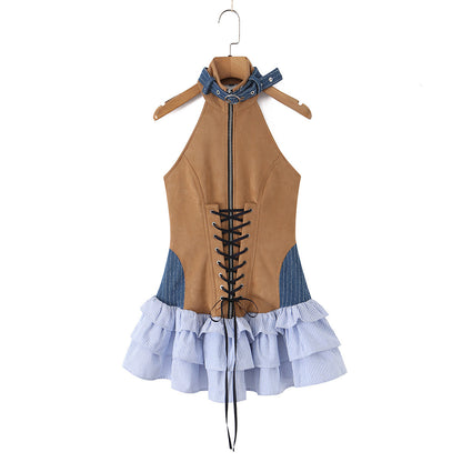 Retro Sexy Halter Dress Backless Lace up Color Contrast Patchwork Layer Cake Miniskirt Women Dress
