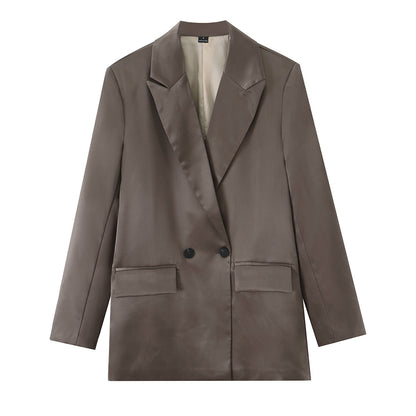 Women Clothing Summer Loose Satin Double Breasted Blazer