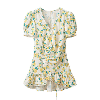 Women Clothing Fashionable All Matching Printed Floral Flounce Slim Dress