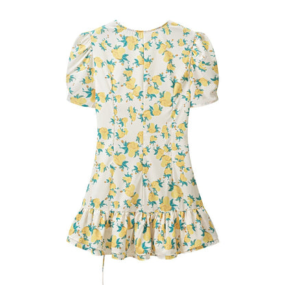 Women Clothing Fashionable All Matching Printed Floral Flounce Slim Dress