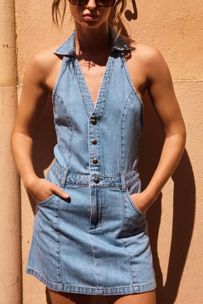 French Women Clothing Fashionable All Match Flip Halter Mini Dress
