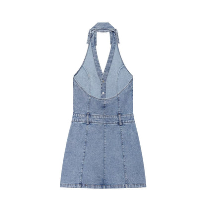 French Women Clothing Fashionable All Match Flip Halter Mini Dress