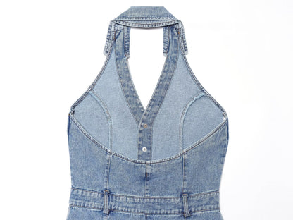 French Women Clothing Fashionable All Match Flip Halter Mini Dress
