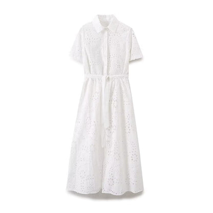 Women Clothing Sweet Cutout Machine Embroidery Collared Tied Shirt Dress