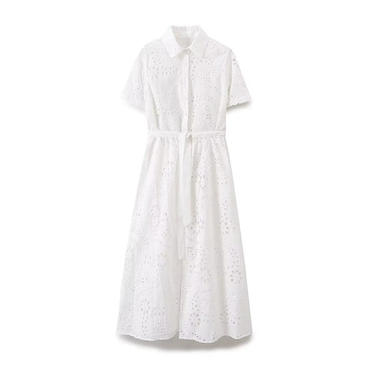 Women Clothing Sweet Cutout Machine Embroidery Collared Tied Shirt Dress