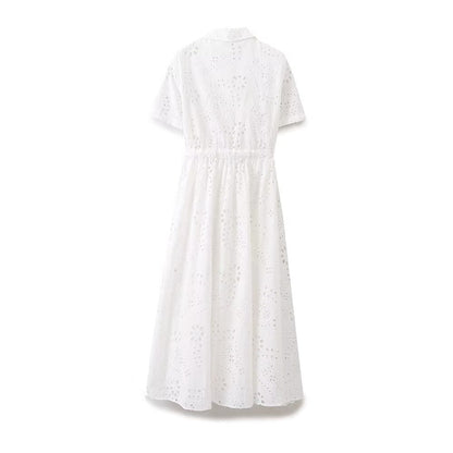 Women Clothing Sweet Cutout Machine Embroidery Collared Tied Shirt Dress