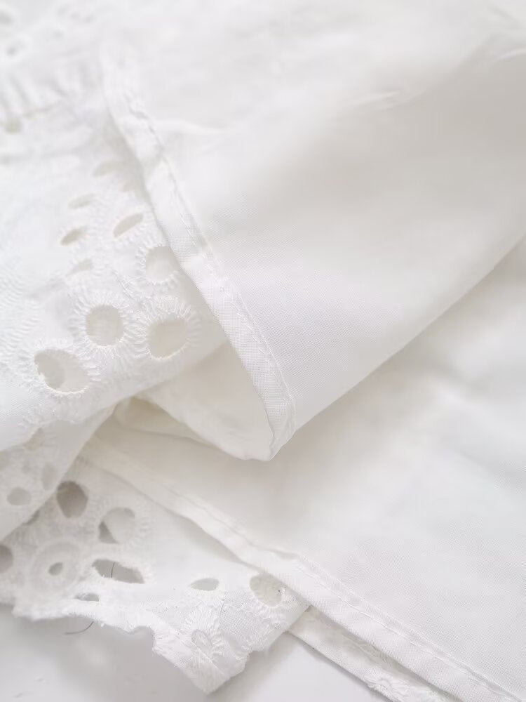 Women Clothing Sweet Cutout Machine Embroidery Collared Tied Shirt Dress