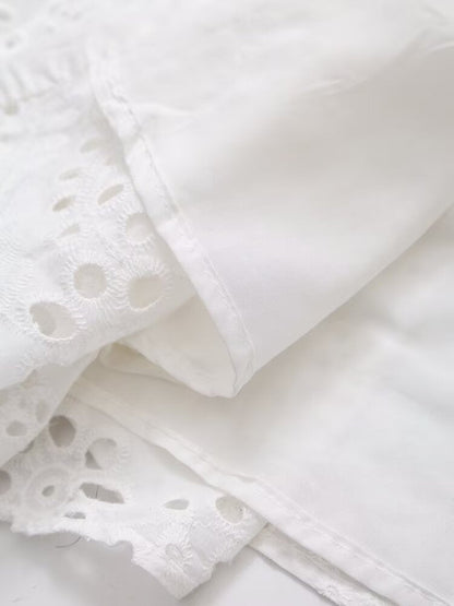 Women Clothing Sweet Cutout Machine Embroidery Collared Tied Shirt Dress
